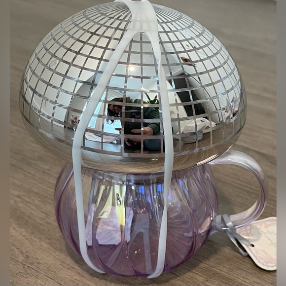 Enchanted Forest Retro Mushroom Glass Mug w/Lid Purple Silver Disco Irridesent - Picture 1 of 3